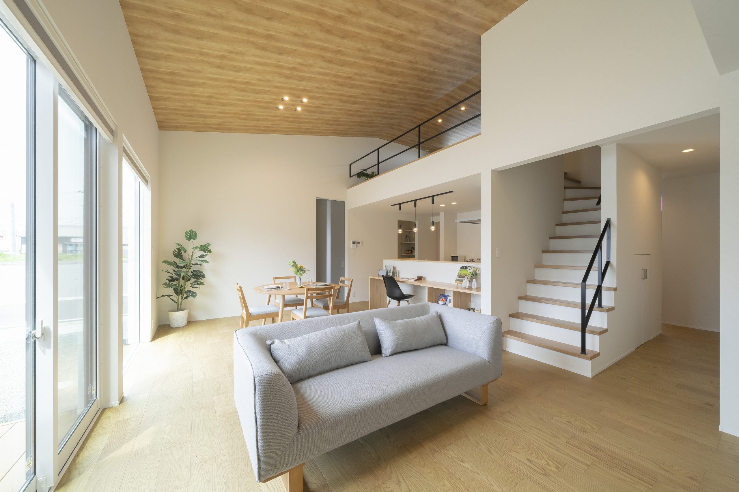 開放感のあるロフトと勾配天井、スタイリッシュな平屋